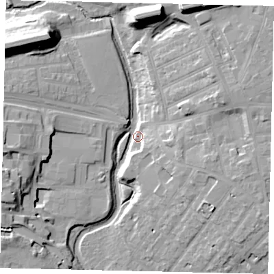 Shaded relief map of the ground around W72NJ, computed from Environment Agency LiDAR. The ground here sits at about 12 m above sea level and falls 22 m across the surrounding 800 m. Surface water reaching this point runs off ground lying to the north-west, 22.0 m higher.