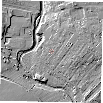 Shaded relief map of the ground around W72PA, computed from Environment Agency LiDAR. The ground here sits at about 15 m above sea level and falls 16 m across the surrounding 800 m. Surface water reaching this point runs off ground lying to the north-east, 7.3 m higher.