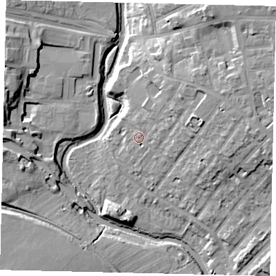 Shaded relief map of the ground around W72PB, computed from Environment Agency LiDAR. The ground here sits at about 14 m above sea level and falls 16 m across the surrounding 800 m. Surface water reaching this point runs off ground lying to the east-north-east, 9.0 m higher.