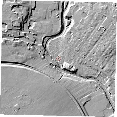 Shaded relief map of the ground around W72PF, computed from Environment Agency LiDAR. The ground here sits at about 10 m above sea level and falls 16 m across the surrounding 800 m. Surface water reaching this point runs off ground lying to the west-south-west, 15.2 m higher.