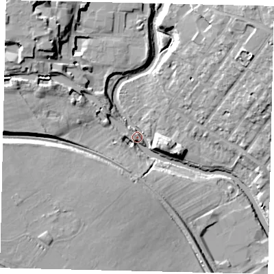 Shaded relief map of the ground around W72PH, computed from Environment Agency LiDAR. The ground here sits at about 10 m above sea level and falls 16 m across the surrounding 800 m. Surface water reaching this point runs off ground lying to the south-west, 15.8 m higher.