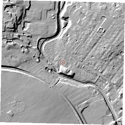 Shaded relief map of the ground around W72PJ, computed from Environment Agency LiDAR. The ground here sits at about 11 m above sea level and falls 16 m across the surrounding 800 m. Surface water reaching this point runs off ground lying to the north-east, 12.4 m higher.