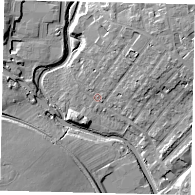 Shaded relief map of the ground around W72PL, computed from Environment Agency LiDAR. The ground here sits at about 12 m above sea level and falls 16 m across the surrounding 800 m. Surface water reaching this point runs off ground lying to the north-east, 12.0 m higher.