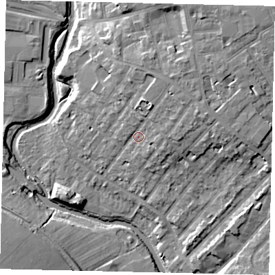 Shaded relief map of the ground around W72PN, computed from Environment Agency LiDAR. The ground here sits at about 17 m above sea level and falls 16 m across the surrounding 800 m. Surface water reaching this point runs off ground lying to the north-east, 7.2 m higher.