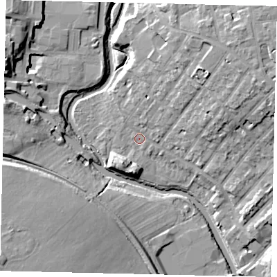 Shaded relief map of the ground around W72PP, computed from Environment Agency LiDAR. The ground here sits at about 11 m above sea level and falls 16 m across the surrounding 800 m. Surface water reaching this point runs off ground lying to the north-east, 11.1 m higher.