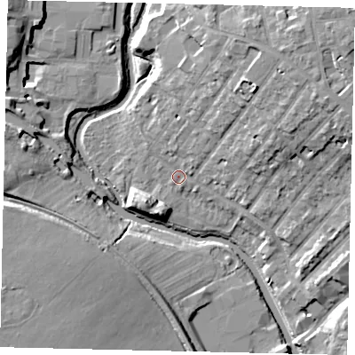 Shaded relief map of the ground around W72PU, computed from Environment Agency LiDAR. The ground here sits at about 12 m above sea level and falls 15 m across the surrounding 800 m. Surface water reaching this point runs off ground lying to the north-east, 12.3 m higher.