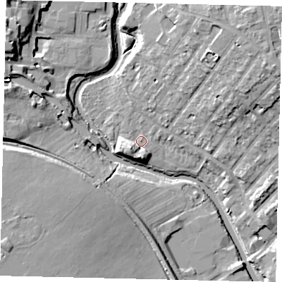 Shaded relief map of the ground around W72PX, computed from Environment Agency LiDAR. The ground here sits at about 11 m above sea level and falls 16 m across the surrounding 800 m. Surface water reaching this point runs off ground lying to the north-east, 11.9 m higher.