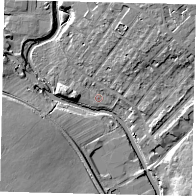 Shaded relief map of the ground around W72PY, computed from Environment Agency LiDAR. The ground here sits at about 11 m above sea level and falls 15 m across the surrounding 800 m. Surface water reaching this point runs off ground lying to the north-east, 9.8 m higher.
