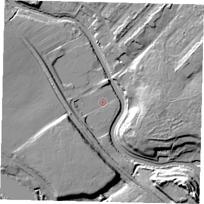 Shaded relief map of the ground around W72QA, computed from Environment Agency LiDAR. The ground here sits at about 10 m above sea level and falls 20 m across the surrounding 800 m. Surface water reaching this point runs off ground lying to the west-south-west, 4.6 m higher.