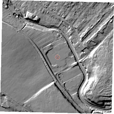 Shaded relief map of the ground around W72QD, computed from Environment Agency LiDAR. The ground here sits at about 11 m above sea level and falls 14 m across the surrounding 800 m. The ground contributing surface water to this point lies to the south.