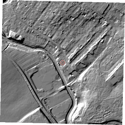 Shaded relief map of the ground around W72QL, computed from Environment Agency LiDAR. The ground here sits at about 12 m above sea level and falls 15 m across the surrounding 800 m. Surface water reaching this point runs off ground lying to the north-east, 9.8 m higher.
