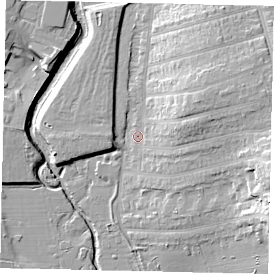 Shaded relief map of the ground around W73AR, computed from Environment Agency LiDAR. The ground here sits at about 15 m above sea level and falls 22 m across the surrounding 800 m. Surface water reaching this point runs off ground lying to the east, 16.5 m higher.