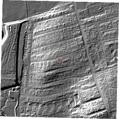 Shaded relief map of the ground around W73AS, computed from Environment Agency LiDAR. The ground here sits at about 27 m above sea level and falls 33 m across the surrounding 800 m. Surface water reaching this point runs off ground lying to the east, 0.9 m higher.
