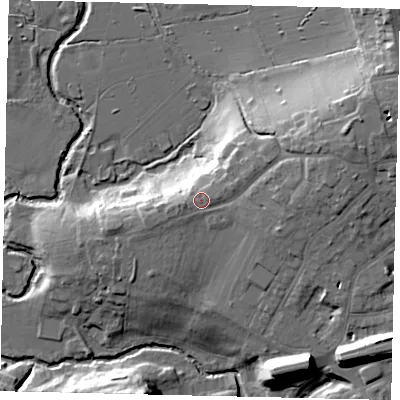 Shaded relief map of the ground around W73BP, computed from Environment Agency LiDAR. The ground here sits at about 24 m above sea level and falls 24 m across the surrounding 800 m. Surface water reaching this point runs off ground lying to the east-north-east, 6.5 m higher.