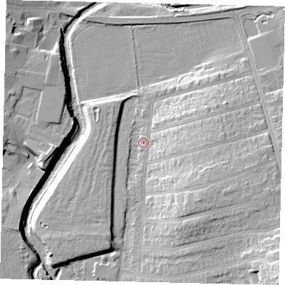 Shaded relief map of the ground around W73DJ, computed from Environment Agency LiDAR. The ground here sits at about 15 m above sea level and falls 23 m across the surrounding 800 m. Surface water reaching this point runs off ground lying to the east-north-east, 8.8 m higher.
