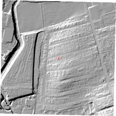 Shaded relief map of the ground around W73DT, computed from Environment Agency LiDAR. The ground here sits at about 21 m above sea level and falls 31 m across the surrounding 800 m. Surface water reaching this point runs off ground lying to the east-south-east, 7.8 m higher.