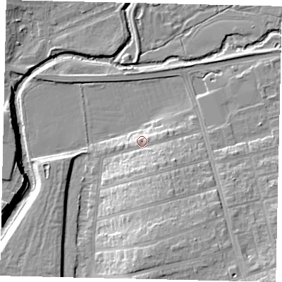 Shaded relief map of the ground around W73DW, computed from Environment Agency LiDAR. The ground here sits at about 18 m above sea level and falls 18 m across the surrounding 800 m. Surface water reaching this point runs off ground lying to the south-south-east, 4.9 m higher.