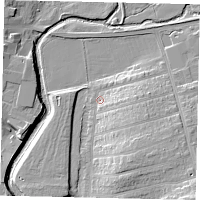 Shaded relief map of the ground around W73GQ, computed from Environment Agency LiDAR. The ground here sits at about 15 m above sea level and falls 23 m across the surrounding 800 m. Surface water reaching this point runs off ground lying to the east, 5.4 m higher.