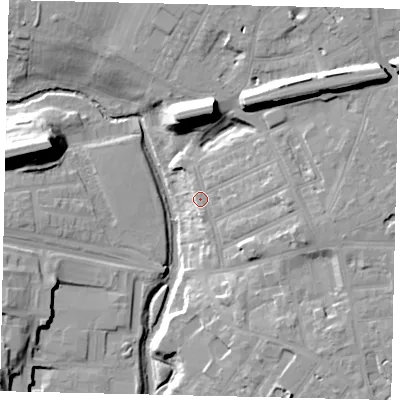 Shaded relief map of the ground around W73JJ, computed from Environment Agency LiDAR. The ground here sits at about 17 m above sea level and falls 22 m across the surrounding 800 m. Surface water reaching this point runs off ground lying to the east, 11.5 m higher.