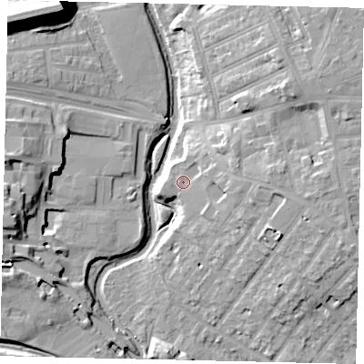 Shaded relief map of the ground around W73NB, computed from Environment Agency LiDAR. The ground here sits at about 16 m above sea level and falls 22 m across the surrounding 800 m. Surface water reaching this point runs off ground lying to the east, 3.3 m higher.