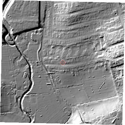Shaded relief map of the ground around W73QZ, computed from Environment Agency LiDAR. The ground here sits at about 17 m above sea level and falls 31 m across the surrounding 800 m. Surface water reaching this point runs off ground lying to the east, 24.9 m higher.