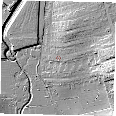 Shaded relief map of the ground around W73RA, computed from Environment Agency LiDAR. The ground here sits at about 17 m above sea level and falls 30 m across the surrounding 800 m. Surface water reaching this point runs off ground lying to the east, 17.6 m higher.