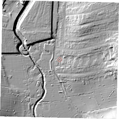 Shaded relief map of the ground around W73RG, computed from Environment Agency LiDAR. The ground here sits at about 14 m above sea level and falls 21 m across the surrounding 800 m. Surface water reaching this point runs off ground lying to the east-north-east, 6.7 m higher.