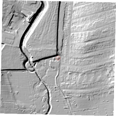 Shaded relief map of the ground around W73RT, computed from Environment Agency LiDAR. The ground here sits at about 14 m above sea level and falls 18 m across the surrounding 800 m. Surface water reaching this point runs off ground lying to the east-north-east, 15.0 m higher.