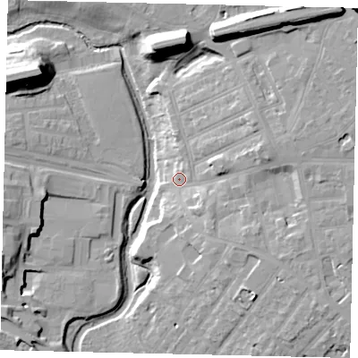 Shaded relief map of the ground around W73TD, computed from Environment Agency LiDAR. The ground here sits at about 15 m above sea level and falls 22 m across the surrounding 800 m. Surface water reaching this point runs off ground lying to the east-north-east, 10.2 m higher.