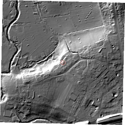 Shaded relief map of the ground around W73XP, computed from Environment Agency LiDAR. The ground here sits at about 24 m above sea level and falls 30 m across the surrounding 800 m. Surface water reaching this point runs off ground lying to the east, 6.4 m higher.