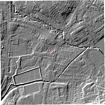 Shaded relief map of the ground around WA104DP, computed from Environment Agency LiDAR. The ground here sits at about 33 m above sea level and falls 11 m across the surrounding 800 m. Surface water reaching this point runs off ground lying to the south-west, 2.9 m higher.