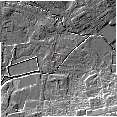 Shaded relief map of the ground around WA104DR, computed from Environment Agency LiDAR. The ground here sits at about 33 m above sea level and falls 16 m across the surrounding 800 m. Surface water reaching this point runs off ground lying to the south-west, 1.4 m higher.