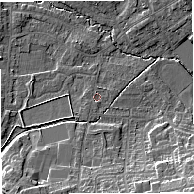 Shaded relief map of the ground around WA104DT, computed from Environment Agency LiDAR. The ground here sits at about 33 m above sea level and falls 16 m across the surrounding 800 m. Surface water reaching this point runs off ground lying to the south-south-west, 1.3 m higher.