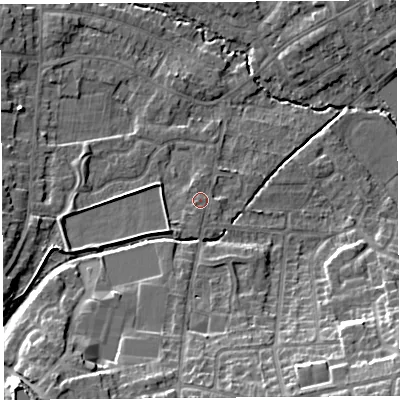 Shaded relief map of the ground around WA104DW, computed from Environment Agency LiDAR. The ground here sits at about 34 m above sea level and falls 15 m across the surrounding 800 m. Surface water reaching this point runs off ground lying to the south, 1.1 m higher.