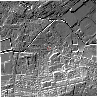Shaded relief map of the ground around WA104DX, computed from Environment Agency LiDAR. The ground here sits at about 32 m above sea level and falls 18 m across the surrounding 800 m. Surface water reaching this point runs off ground lying to the south-east, 14.8 m higher.