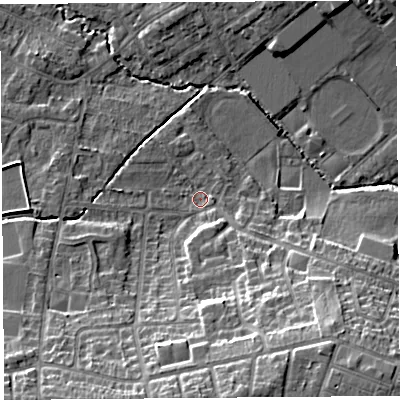 Shaded relief map of the ground around WA104DY, computed from Environment Agency LiDAR. The ground here sits at about 32 m above sea level and falls 18 m across the surrounding 800 m. Surface water reaching this point runs off ground lying to the south-east, 14.8 m higher.