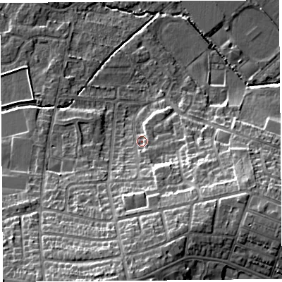 Shaded relief map of the ground around WA104DZ, computed from Environment Agency LiDAR. The ground here sits at about 35 m above sea level and falls 20 m across the surrounding 800 m. Surface water reaching this point runs off ground lying to the south-south-east, 6.6 m higher.