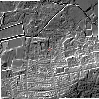 Shaded relief map of the ground around WA104EB, computed from Environment Agency LiDAR. The ground here sits at about 35 m above sea level and falls 20 m across the surrounding 800 m. Surface water reaching this point runs off ground lying to the south, 15.0 m higher.