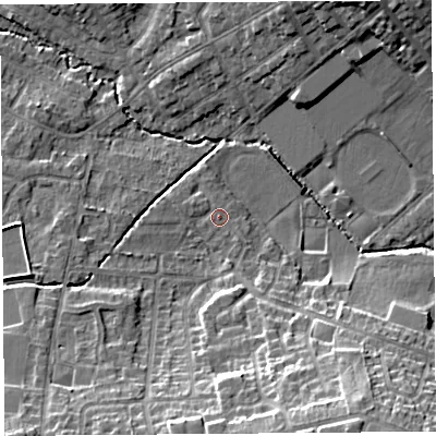 Shaded relief map of the ground around WA104GX, computed from Environment Agency LiDAR. The ground here sits at about 33 m above sea level and falls 17 m across the surrounding 800 m. Surface water reaching this point runs off ground lying to the south-south-east, 14.8 m higher.