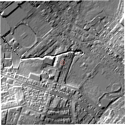 Shaded relief map of the ground around WA104NE, computed from Environment Agency LiDAR. The ground here sits at about 31 m above sea level and falls 19 m across the surrounding 800 m. Surface water reaching this point runs off ground lying to the south-south-west, 16.0 m higher.