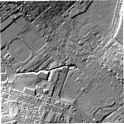 Shaded relief map of the ground around WA104NF, computed from Environment Agency LiDAR. The ground here sits at about 30 m above sea level and falls 19 m across the surrounding 800 m. Surface water reaching this point runs off ground lying to the south-west, 18.2 m higher.