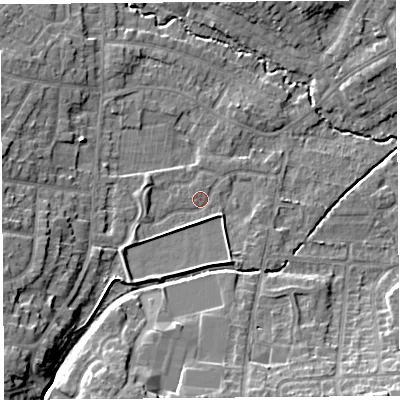 Shaded relief map of the ground around WA104QP, computed from Environment Agency LiDAR. The ground here sits at about 33 m above sea level and falls 12 m across the surrounding 800 m. Surface water reaching this point runs off ground lying to the south-south-west, 2.4 m higher.