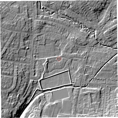 Shaded relief map of the ground around WA104QR, computed from Environment Agency LiDAR. The ground here sits at about 33 m above sea level and falls 11 m across the surrounding 800 m. Surface water reaching this point runs off ground lying to the south-south-west, 2.4 m higher.