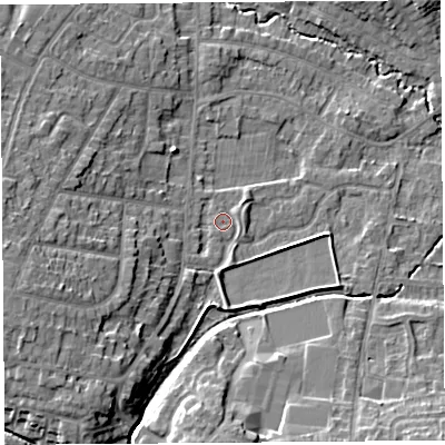 Shaded relief map of the ground around WA104QS, computed from Environment Agency LiDAR. The ground here sits at about 34 m above sea level and falls 12 m across the surrounding 800 m. Surface water reaching this point runs off ground lying to the west-south-west, 8.8 m higher.
