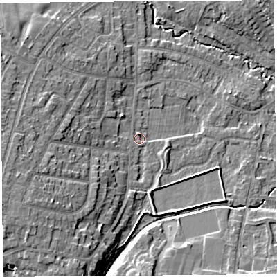 Shaded relief map of the ground around WA104QY, computed from Environment Agency LiDAR. The ground here sits at about 34 m above sea level and falls 12 m across the surrounding 800 m. Surface water reaching this point runs off ground lying to the west-south-west, 8.8 m higher.