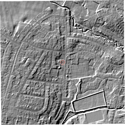 Shaded relief map of the ground around WA104QZ, computed from Environment Agency LiDAR. The ground here sits at about 34 m above sea level and falls 12 m across the surrounding 800 m. Surface water reaching this point runs off ground lying to the south-west, 9.3 m higher.