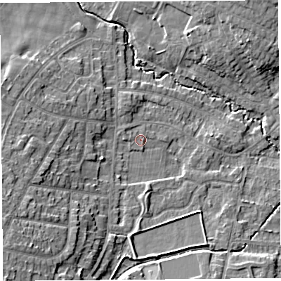 Shaded relief map of the ground around WA104RA, computed from Environment Agency LiDAR. The ground here sits at about 33 m above sea level and falls 12 m across the surrounding 800 m. The ground contributing surface water to this point lies to the west.