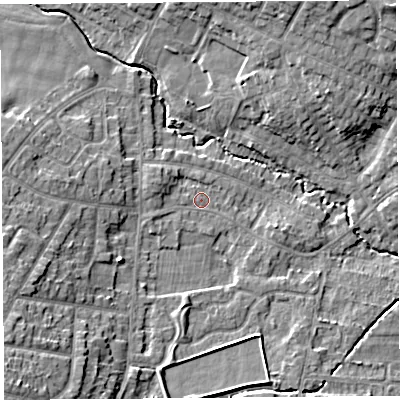 Shaded relief map of the ground around WA104RB, computed from Environment Agency LiDAR. The ground here sits at about 33 m above sea level and falls 11 m across the surrounding 800 m. Surface water reaching this point runs off ground lying to the west-north-west, 2.2 m higher.