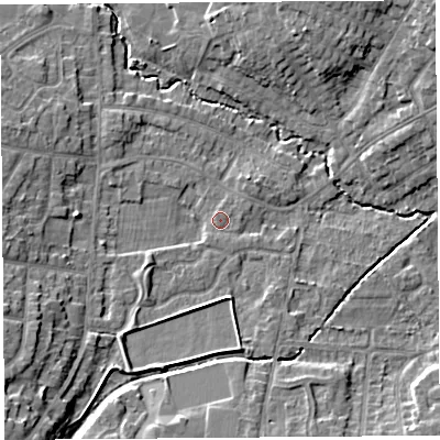 Shaded relief map of the ground around WA104RD, computed from Environment Agency LiDAR. The ground here sits at about 33 m above sea level and falls 11 m across the surrounding 800 m. Surface water reaching this point runs off ground lying to the south-west, 1.2 m higher.