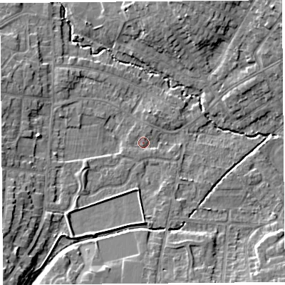 Shaded relief map of the ground around WA104RE, computed from Environment Agency LiDAR. The ground here sits at about 33 m above sea level and falls 10 m across the surrounding 800 m. Surface water reaching this point runs off ground lying to the south-east, 1.1 m higher.